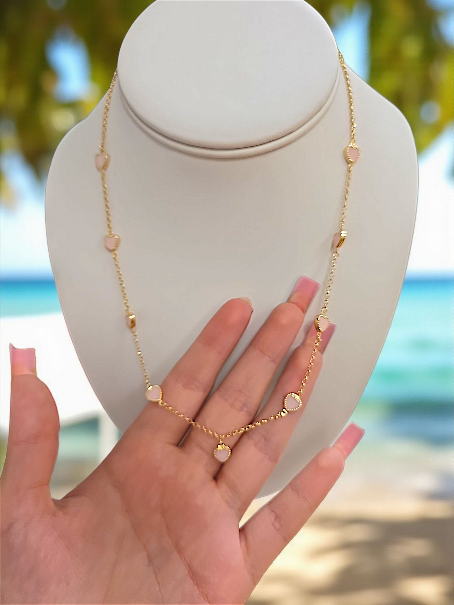 Necklace 14k with pink hearts